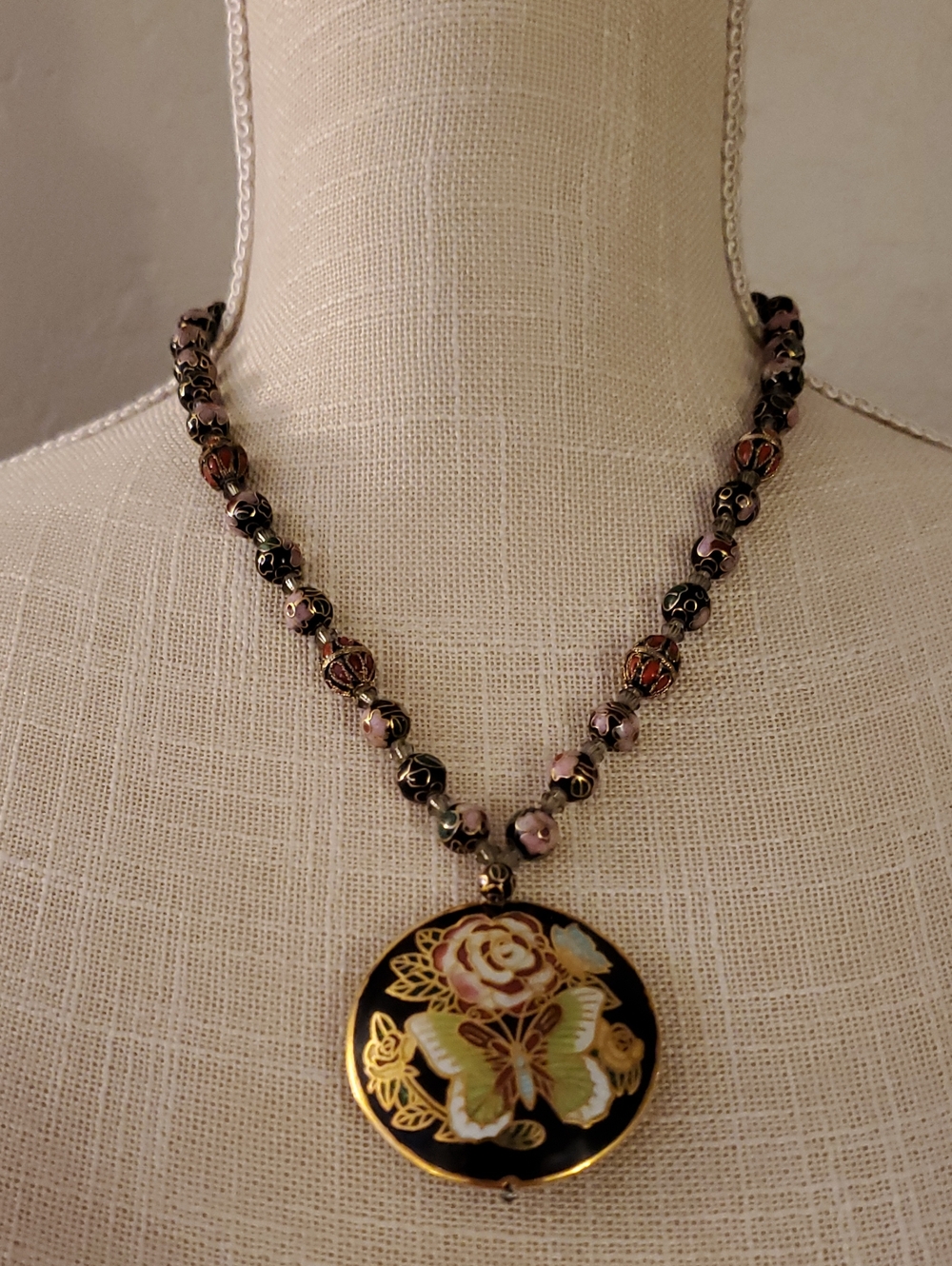 Vintage Cloisonne beaded Necklace Pendant With Butterfly & Flower Gift Set Box